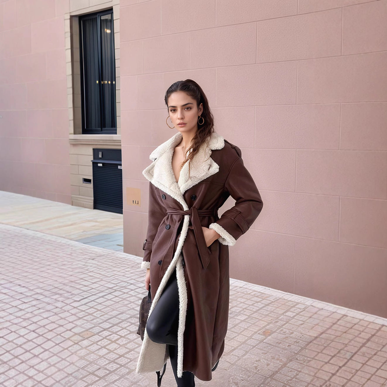 Casaco Feminino de Couro Longo com Detalhes em Pelúcia e Lapelas Largas – Ideal para Inverno em Eventos Formais e Casuais
