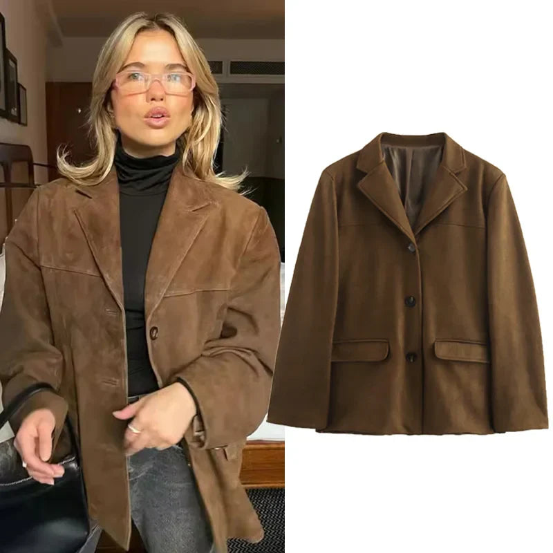 Casaco Retro Feminino em Suede Castanho – Ideal para Outono e Inverno