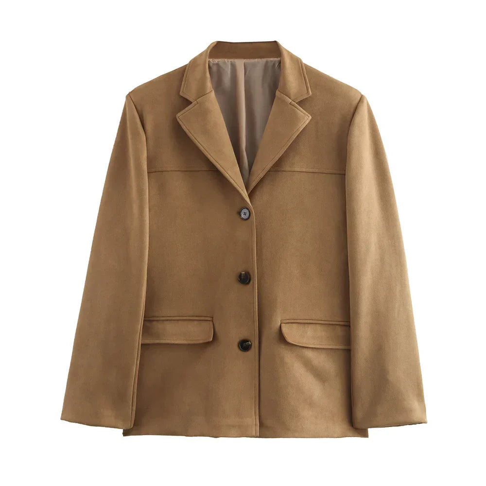Casaco Retro Feminino em Suede Castanho – Ideal para Outono e Inverno