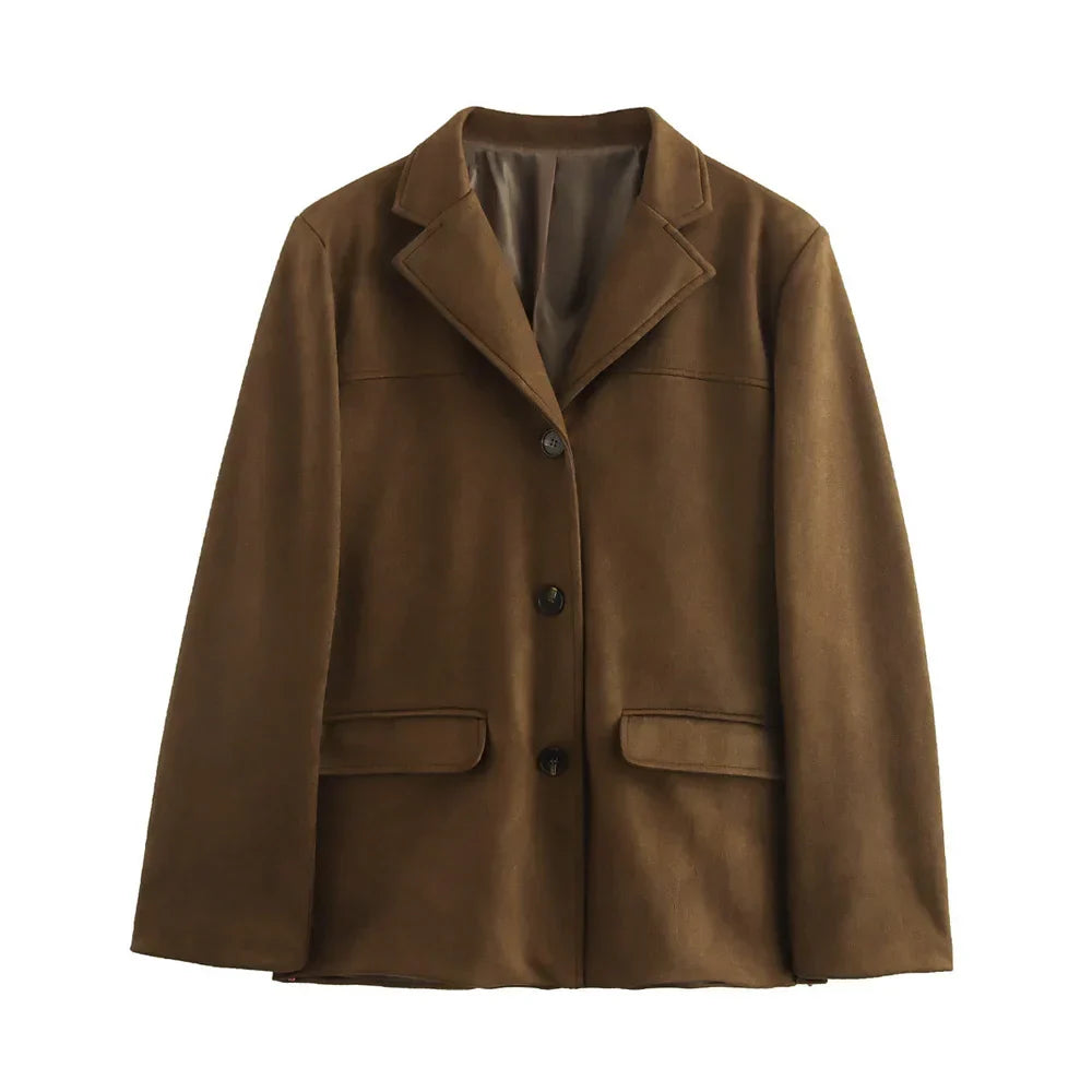 Casaco Retro Feminino em Suede Castanho – Ideal para Outono e Inverno