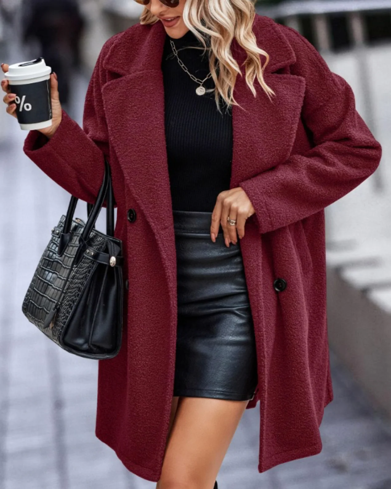 Casaco de lã feminino reversível – Corte solto até o joelho para o inverno