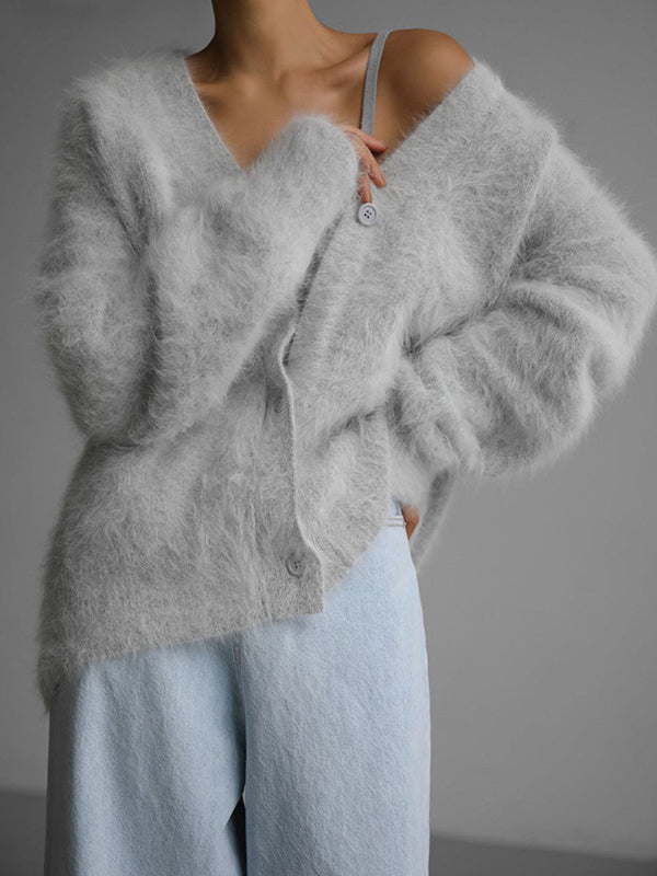 Cardigan Fluffy Oversized com Decote em V Feminino