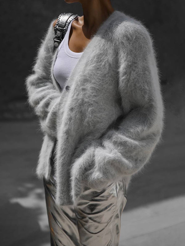 Cardigan Fluffy Oversized com Decote em V Feminino
