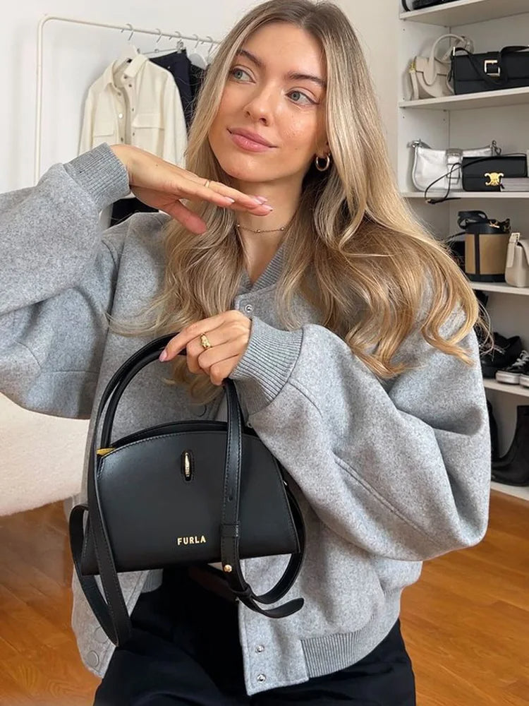 Casaco Bomber Feminino em Lã Misturada – Com Fecho de Botão e Punhos Canelados – Estilo Casual Chic