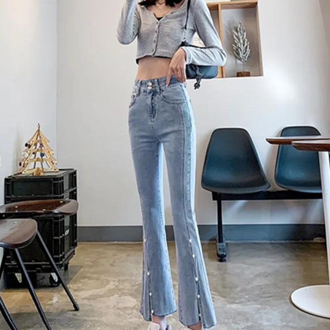 Delinda | Jeans com Estampa de Pérolas