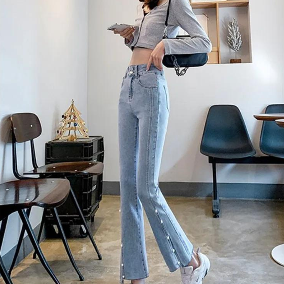 Delinda | Jeans com Estampa de Pérolas