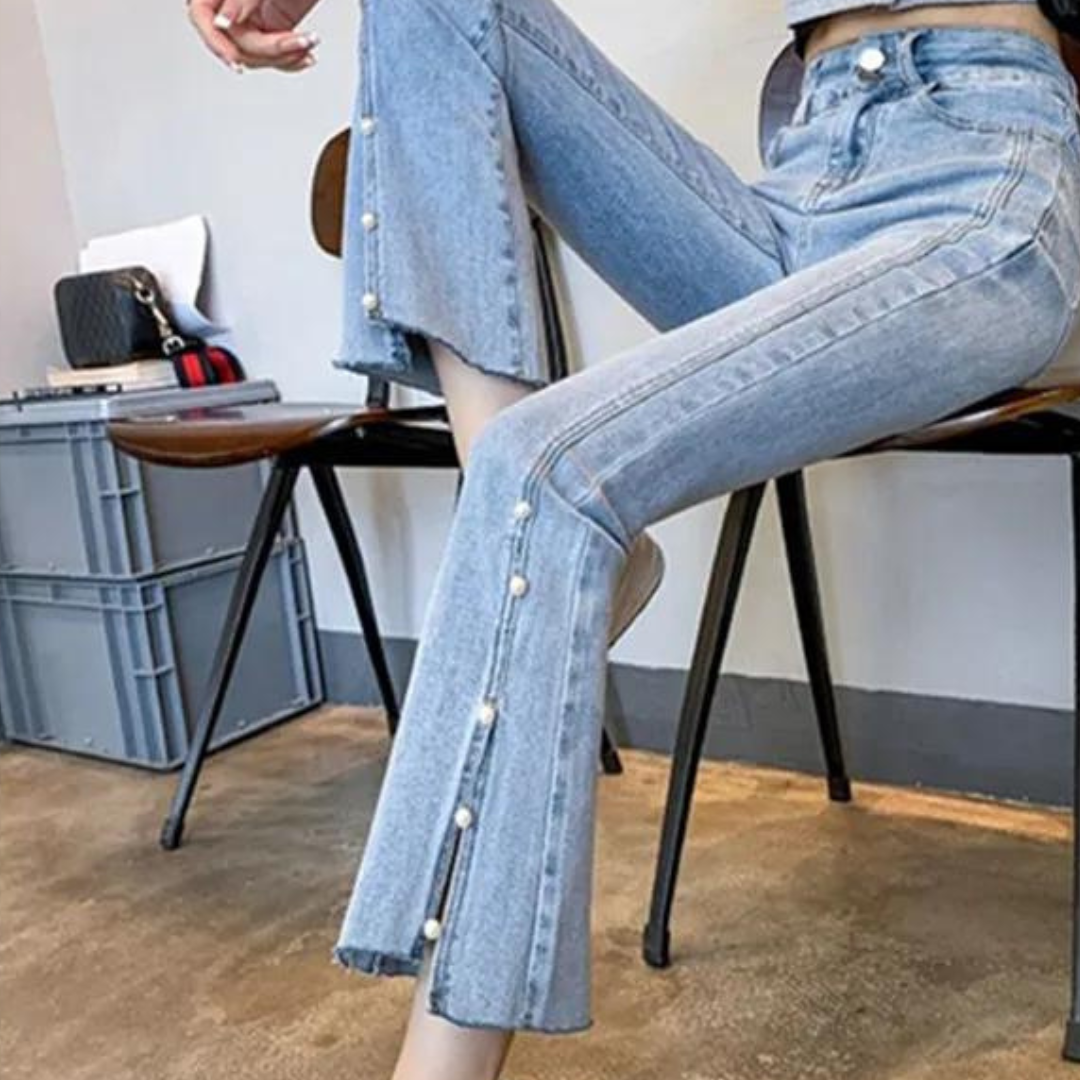 Delinda | Jeans com Estampa de Pérolas