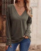 Blusa Sólida com Decote em V e Botões, Mangas Longas
