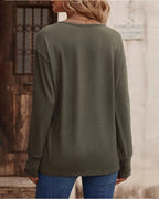 Blusa Sólida com Decote em V e Botões, Mangas Longas