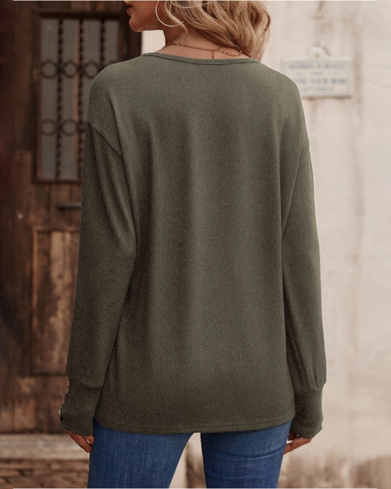 Blusa Sólida com Decote em V e Botões, Mangas Longas