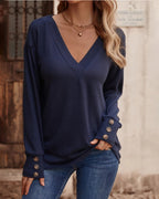Blusa Sólida com Decote em V e Botões, Mangas Longas