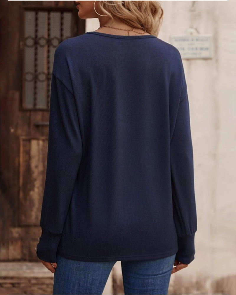 Blusa Sólida com Decote em V e Botões, Mangas Longas