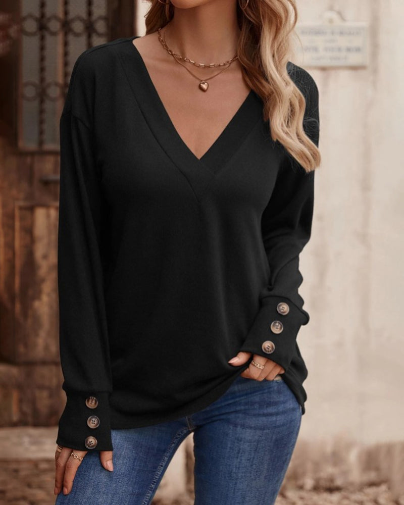 Blusa Sólida com Decote em V e Botões, Mangas Longas