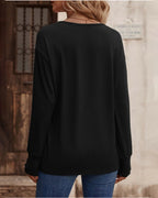 Blusa Sólida com Decote em V e Botões, Mangas Longas