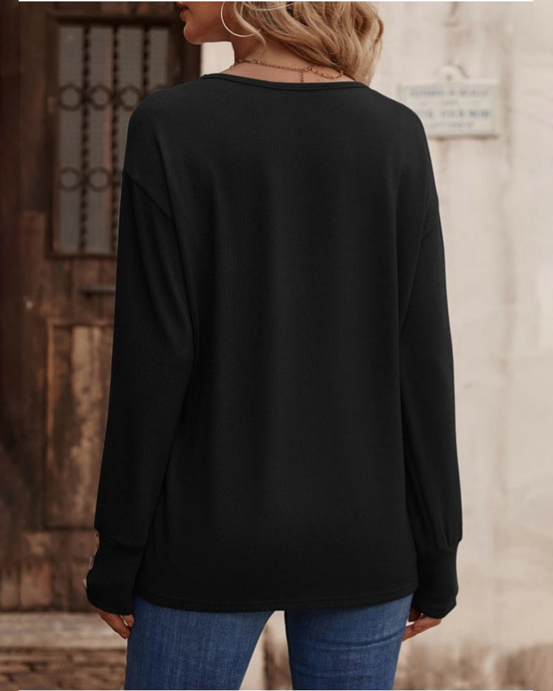 Blusa Sólida com Decote em V e Botões, Mangas Longas