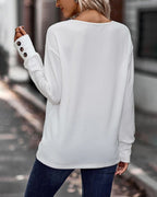 Blusa Sólida com Decote em V e Botões, Mangas Longas