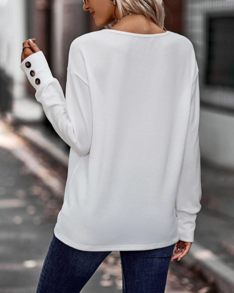 Blusa Sólida com Decote em V e Botões, Mangas Longas