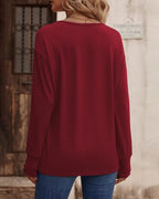 Blusa Sólida com Decote em V e Botões, Mangas Longas