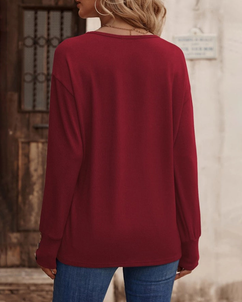 Blusa Sólida com Decote em V e Botões, Mangas Longas