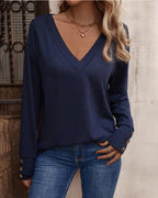 Blusa Sólida com Decote em V e Botões, Mangas Longas