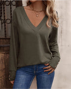 Blusa Sólida com Decote em V e Botões, Mangas Longas