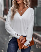Blusa Sólida com Decote em V e Botões, Mangas Longas