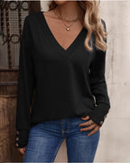 Blusa Sólida com Decote em V e Botões, Mangas Longas