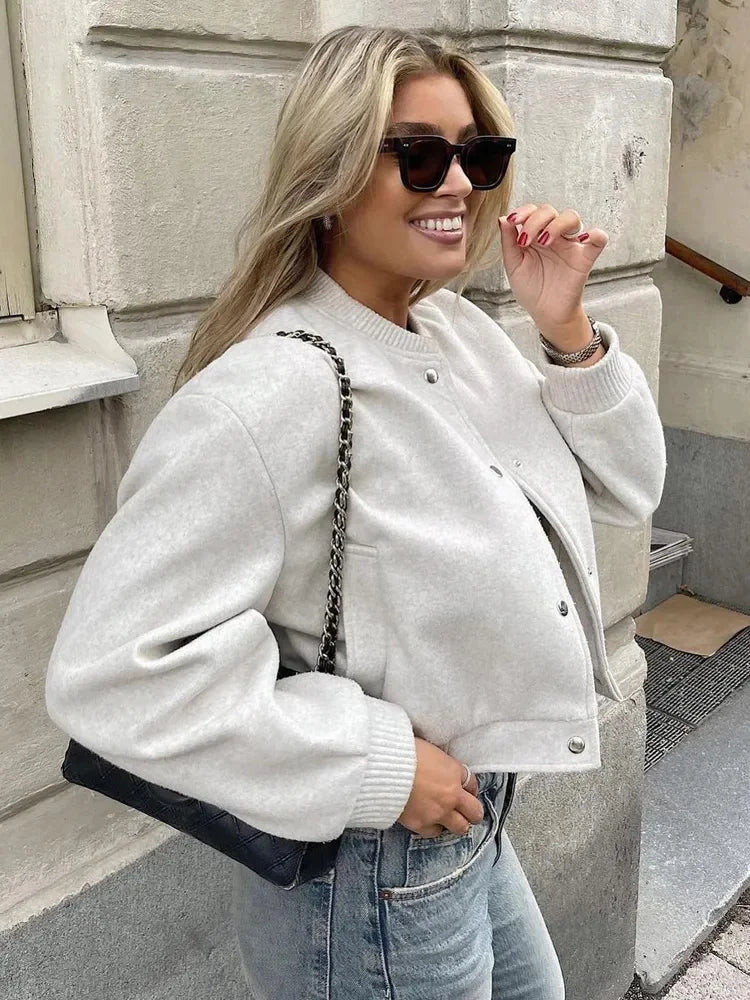 Casaco Bomber Feminino em Lã Misturada – Com Fecho de Botão e Punhos Canelados – Estilo Casual Chic