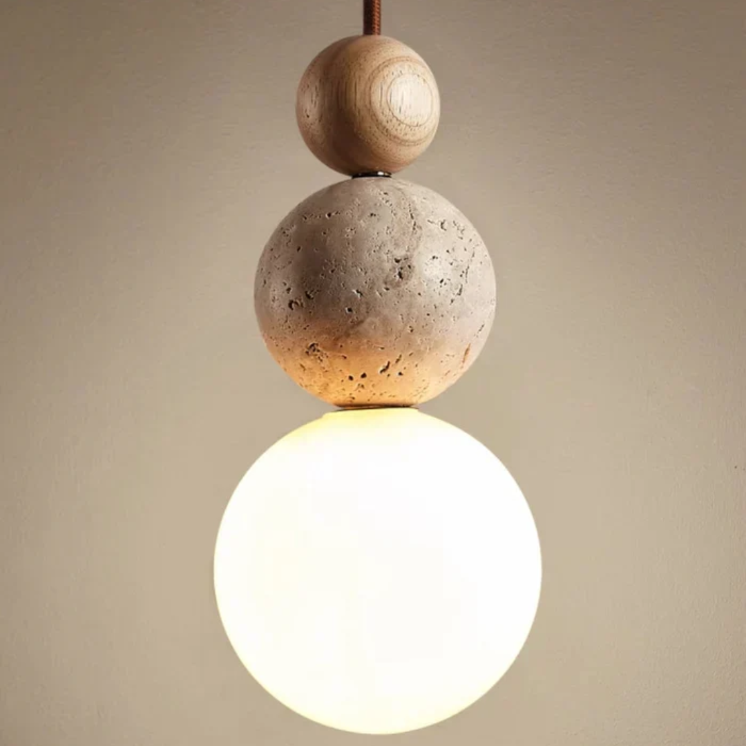 Moderna Luminária Pendente em Travertino e Mogno - Coleção NaturaLuxe