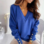 Suéter Lix com Decote em V | Jumper Feminino Confortável com Detalhes em Botões Dourados