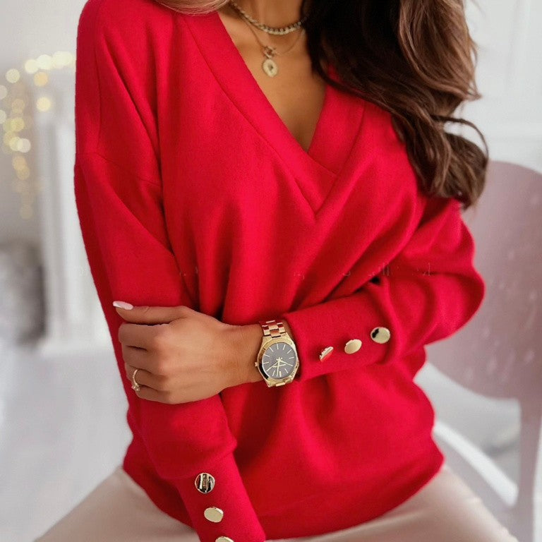 Suéter Lix com Decote em V | Jumper Feminino Confortável com Detalhes em Botões Dourados