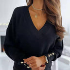 Suéter Lix com Decote em V | Jumper Feminino Confortável com Detalhes em Botões Dourados