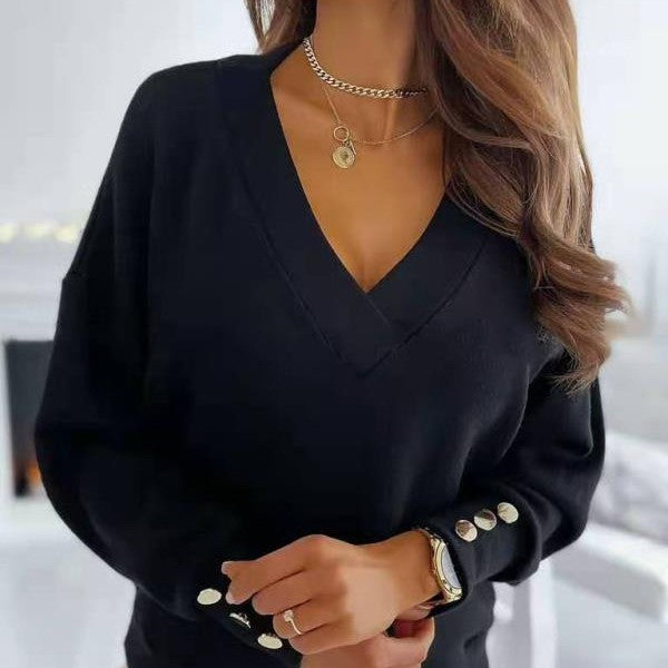 Suéter Lix com Decote em V | Jumper Feminino Confortável com Detalhes em Botões Dourados