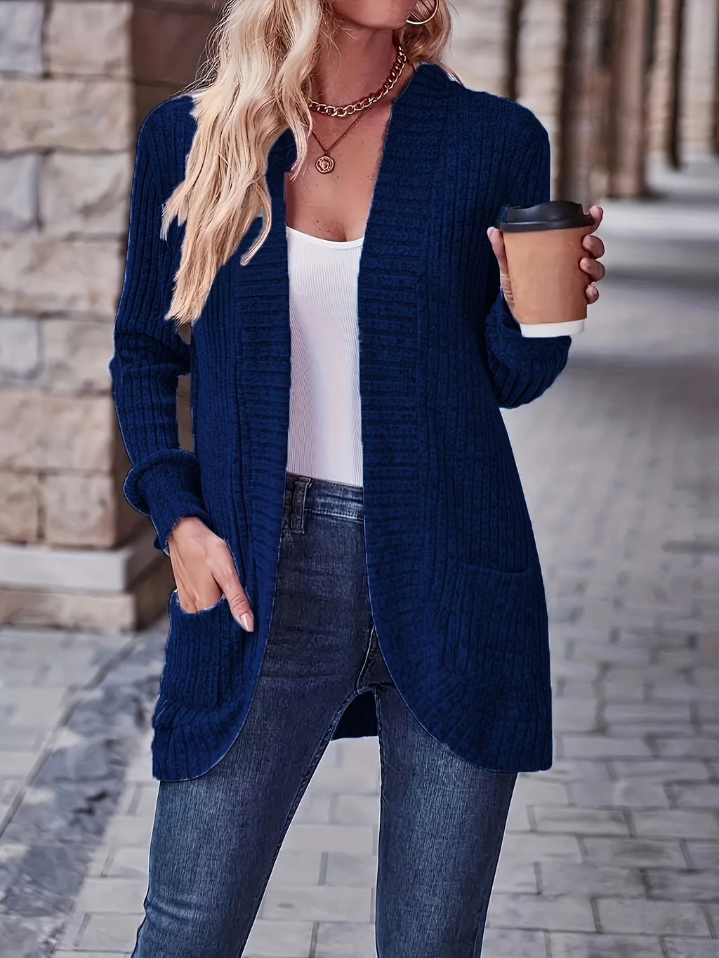 Lotte | Cardigan de Cor Sólida com Abertura Frontal e Bolsos