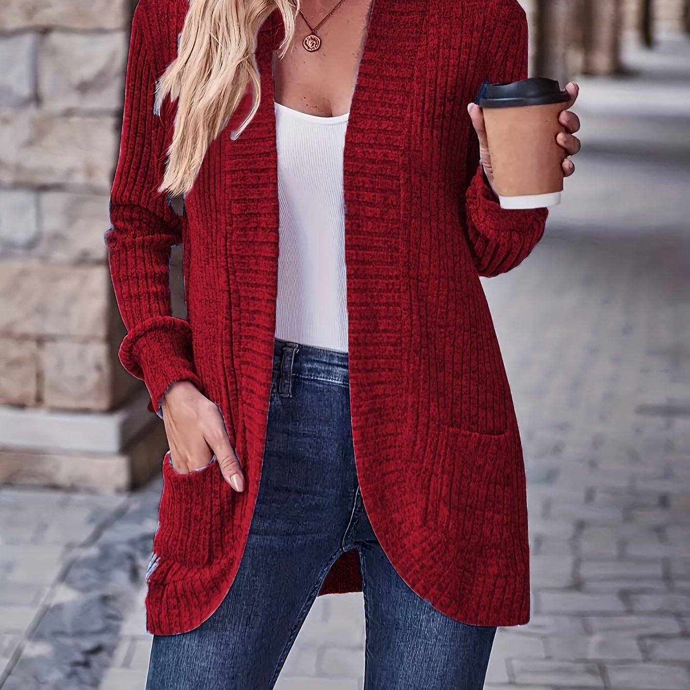 Lotte | Cardigan de Cor Sólida com Abertura Frontal e Bolsos