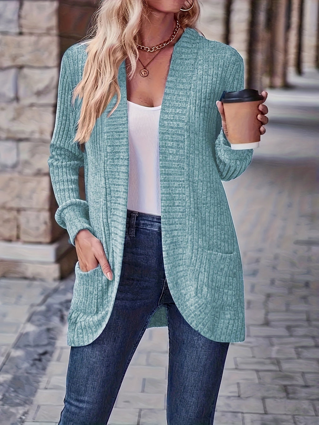 Lotte | Cardigan de Cor Sólida com Abertura Frontal e Bolsos