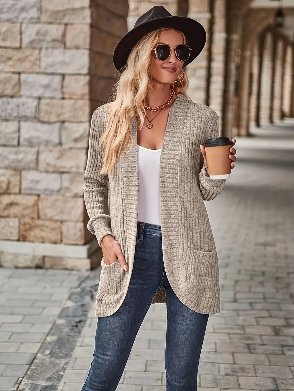 Lotte | Cardigan de Cor Sólida com Abertura Frontal e Bolsos