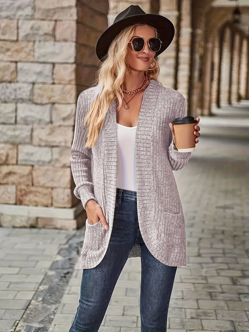 Lotte | Cardigan de Cor Sólida com Abertura Frontal e Bolsos