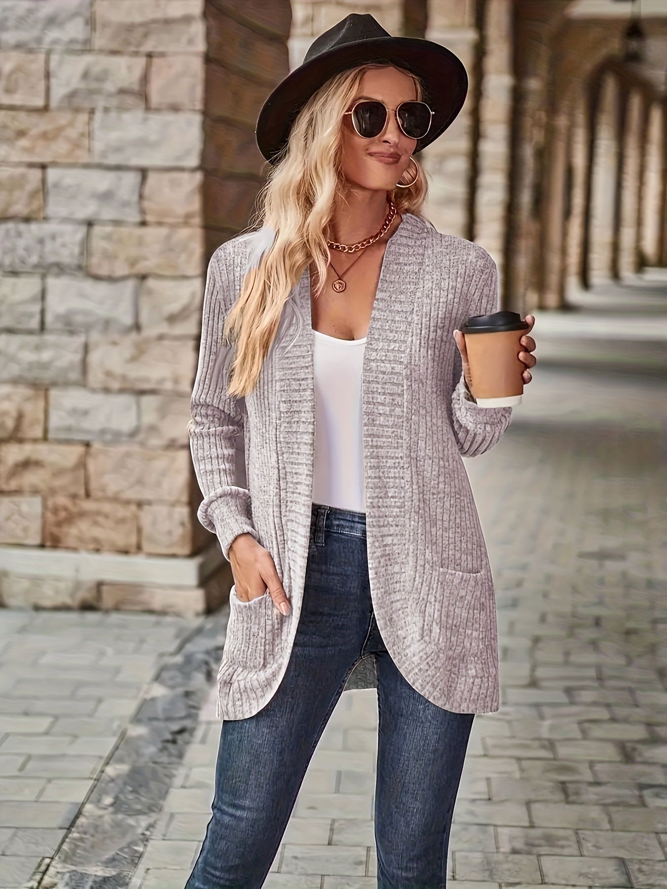 Lotte | Cardigan de Cor Sólida com Abertura Frontal e Bolsos