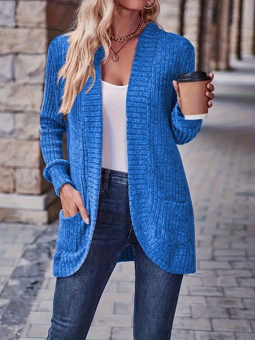 Lotte | Cardigan de Cor Sólida com Abertura Frontal e Bolsos