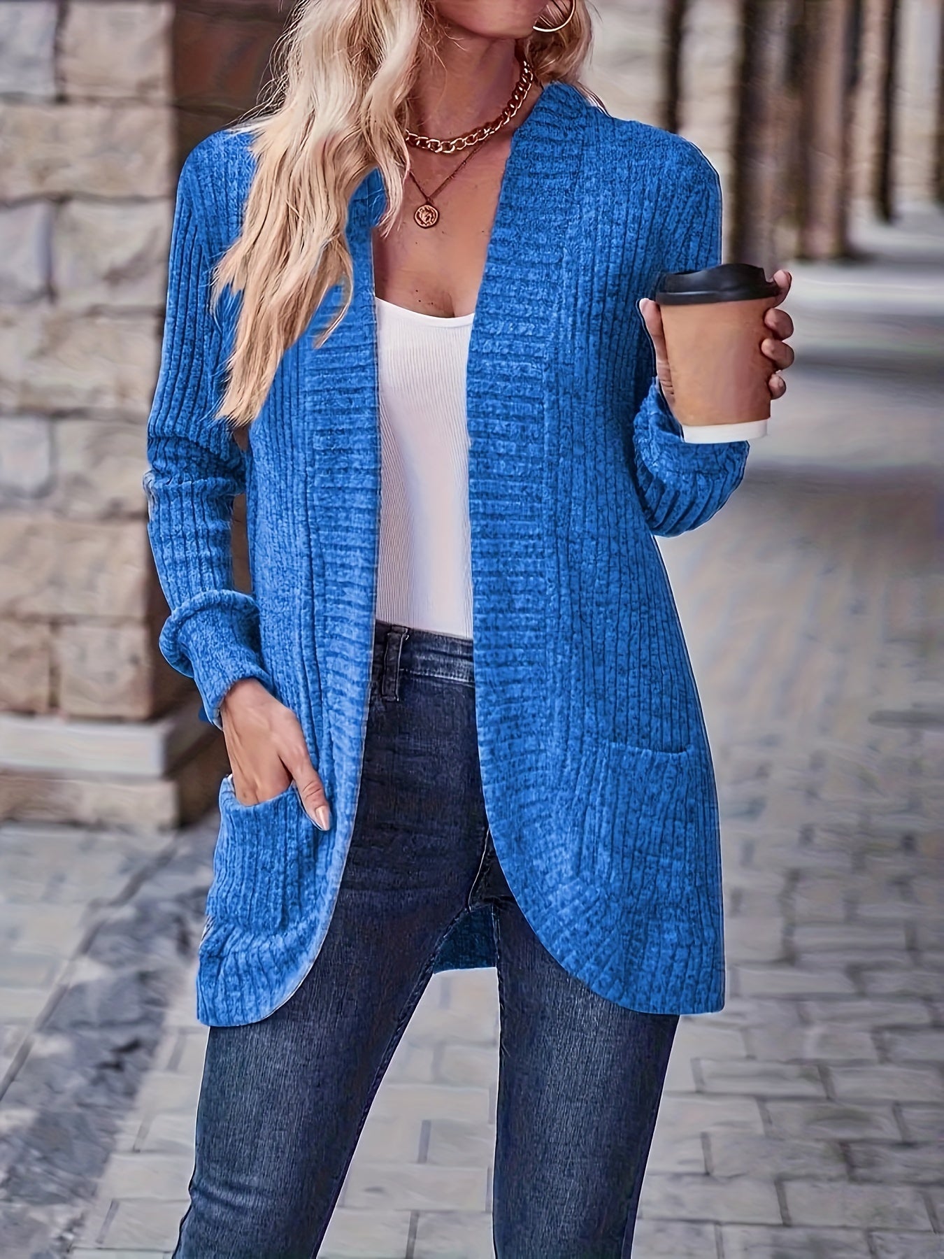 Lotte | Cardigan de Cor Sólida com Abertura Frontal e Bolsos