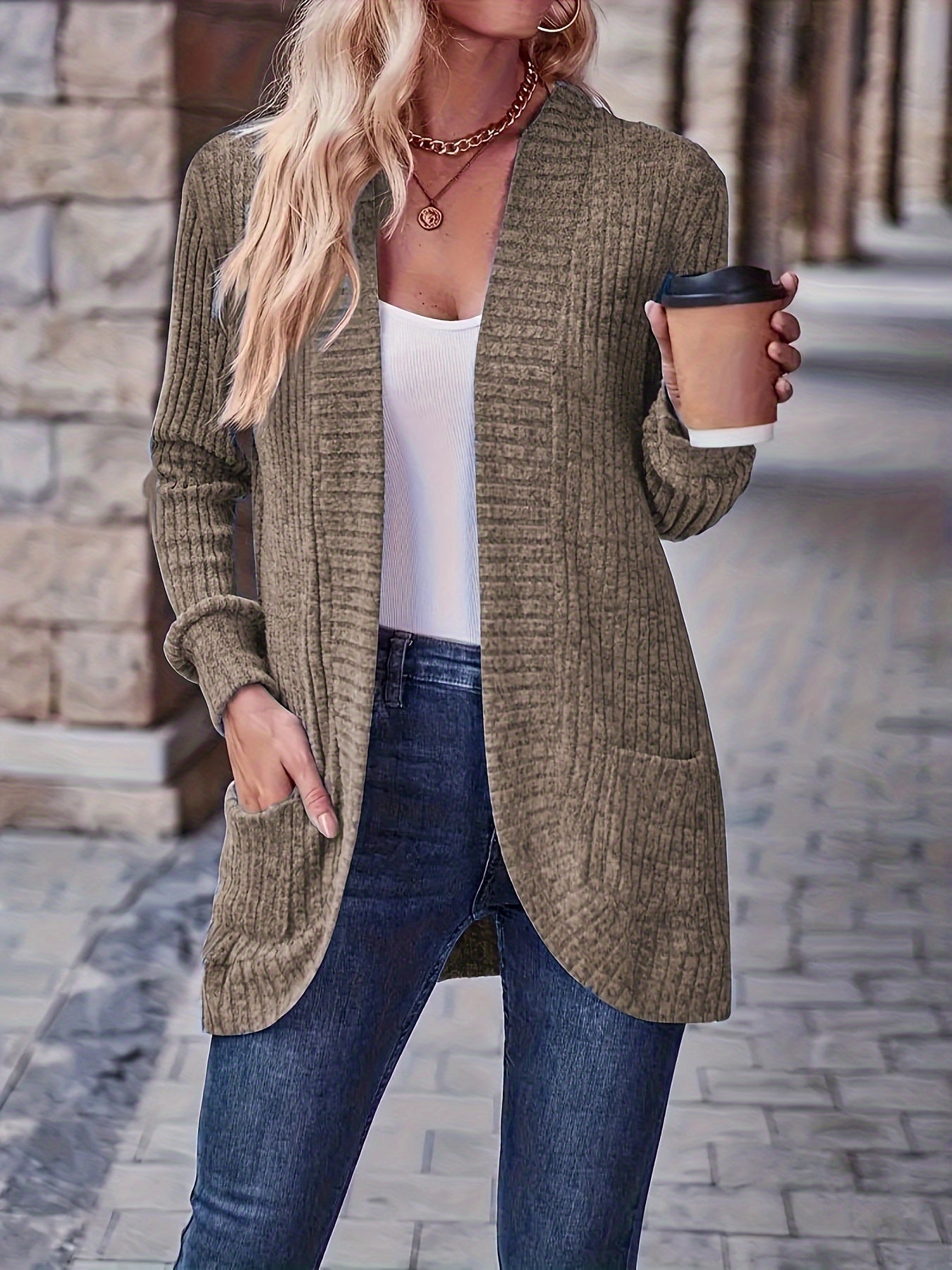 Lotte | Cardigan de Cor Sólida com Abertura Frontal e Bolsos