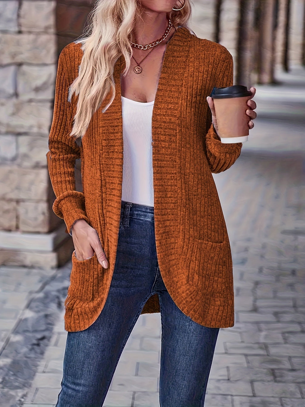 Lotte | Cardigan de Cor Sólida com Abertura Frontal e Bolsos