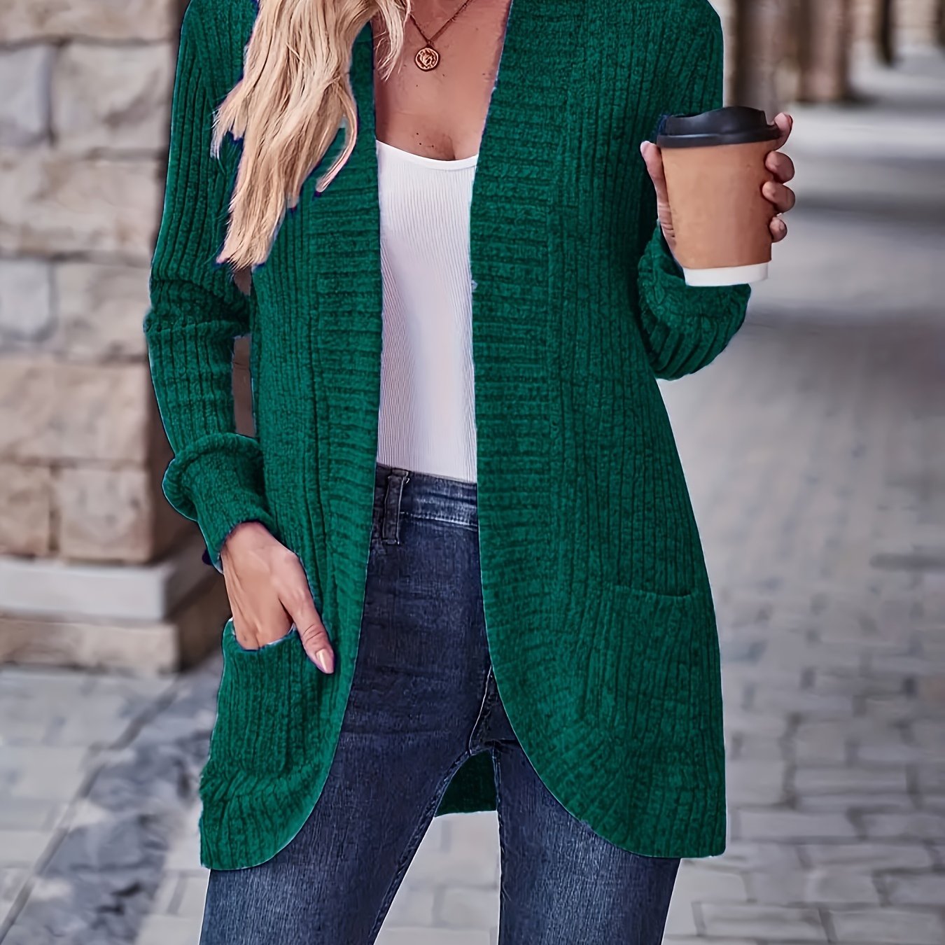 Lotte | Cardigan de Cor Sólida com Abertura Frontal e Bolsos