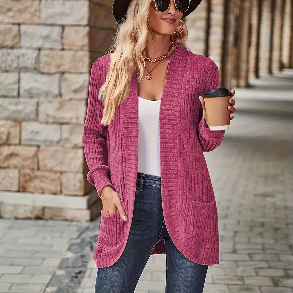 Lotte | Cardigan de Cor Sólida com Abertura Frontal e Bolsos