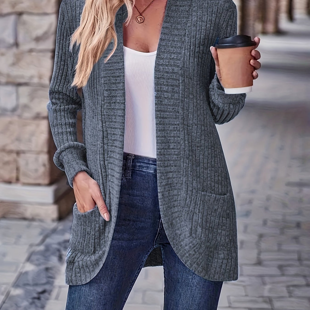 Lotte | Cardigan de Cor Sólida com Abertura Frontal e Bolsos