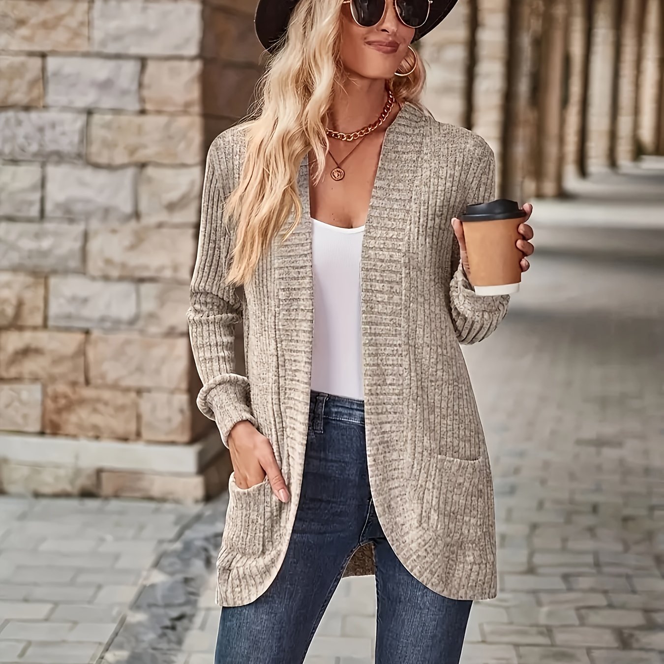 Lotte | Cardigan de Cor Sólida com Abertura Frontal e Bolsos