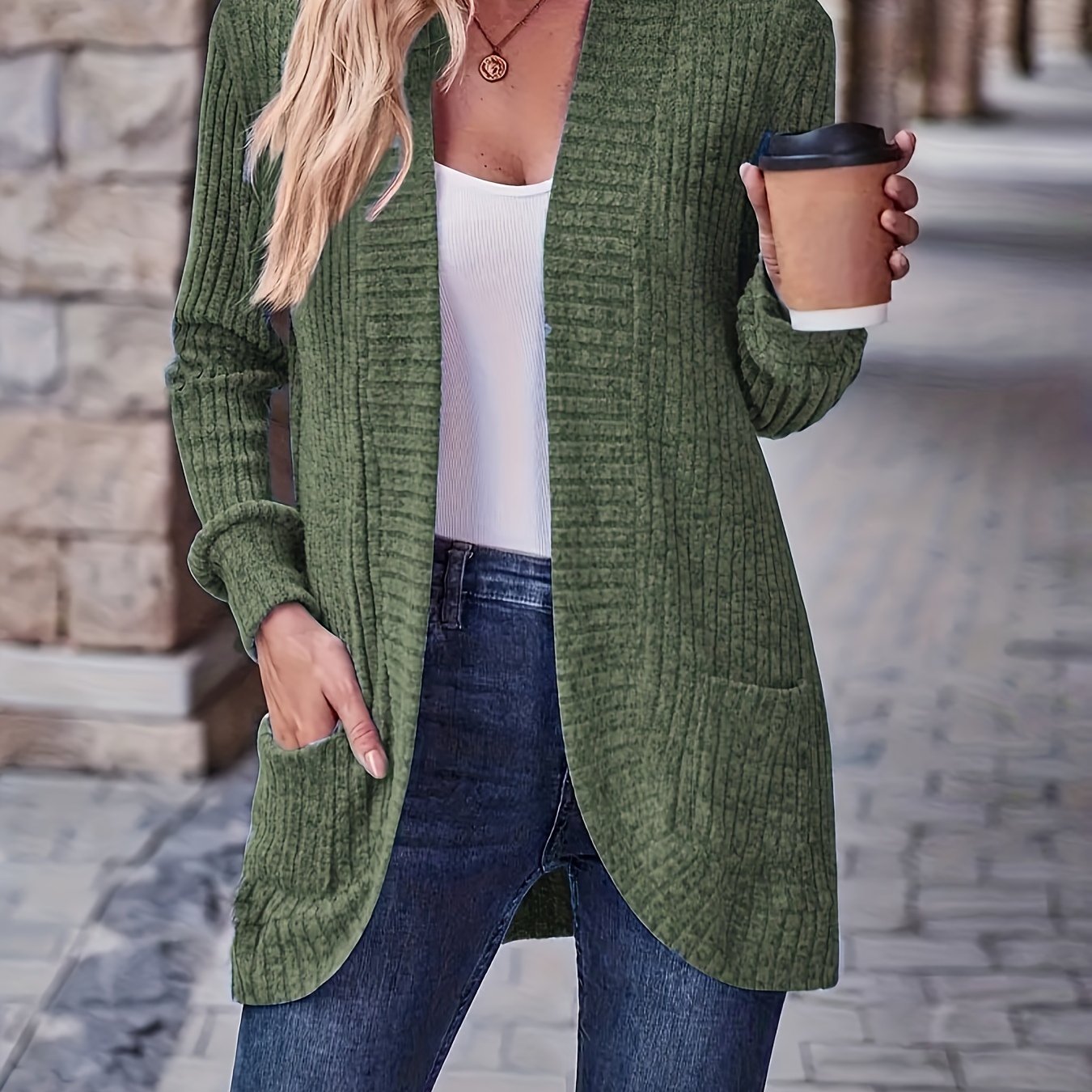 Lotte | Cardigan de Cor Sólida com Abertura Frontal e Bolsos