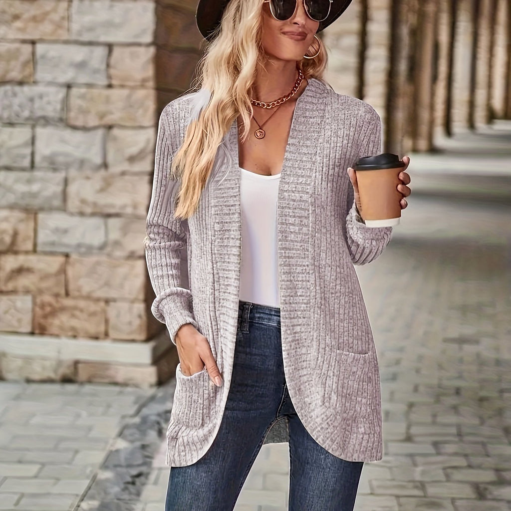 Lotte | Cardigan de Cor Sólida com Abertura Frontal e Bolsos