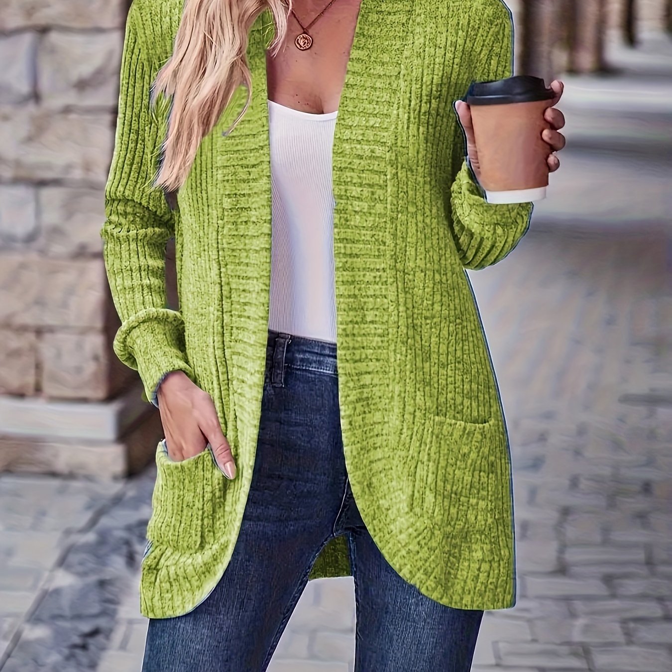 Lotte | Cardigan de Cor Sólida com Abertura Frontal e Bolsos